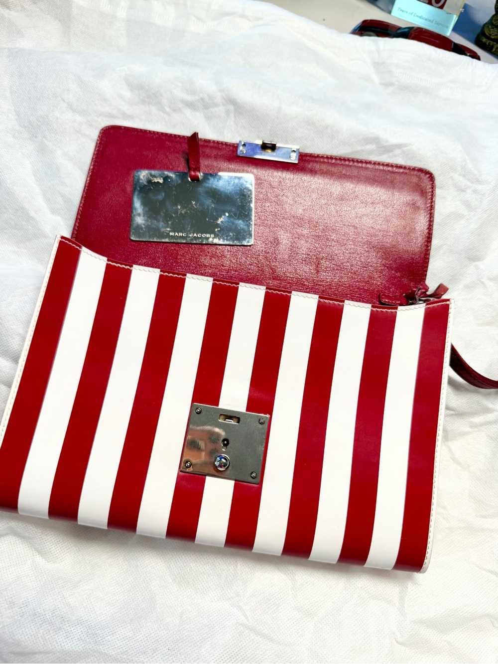 Marc Jacobs Isobel Runway Red White Striped Leather Push Lock Clutch Bag Vintage - Picture 9 of 16